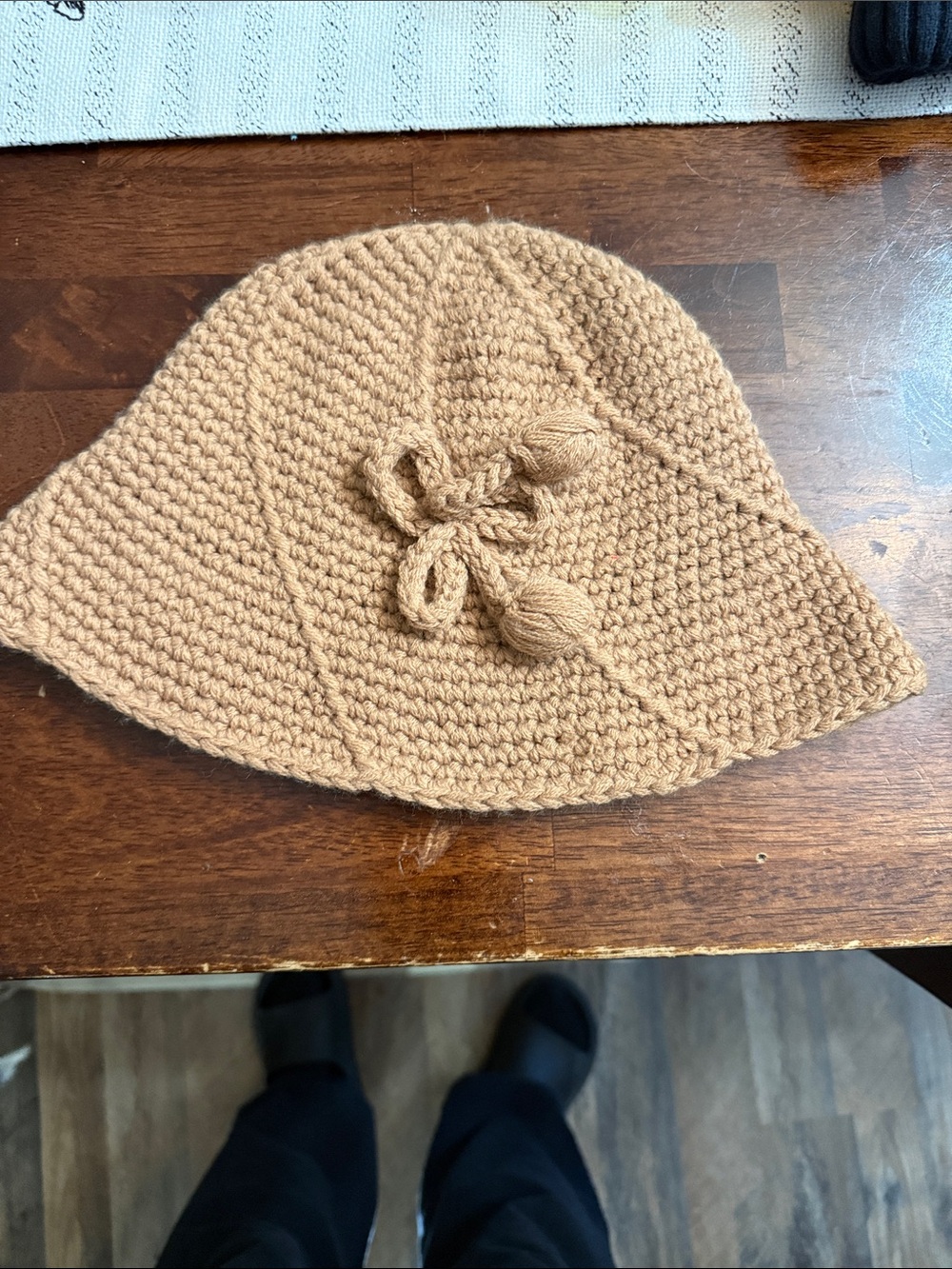 Vintage Tan Crochet Bucket Hat with Tassel Accent